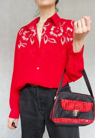 EMBROIDERED RED TOP, EMBROIDERED FLORAL BLOUSE, RED RETRO 