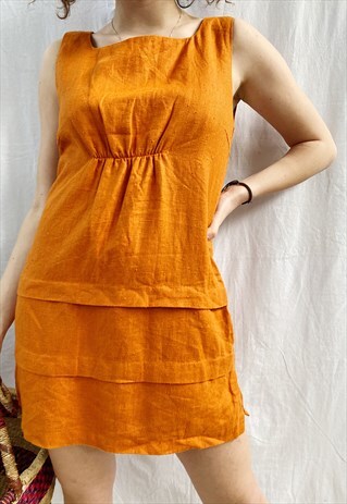 VINTAGE 90S BURNT ORANGE LINEN HAUTE BOHEME CHIC MINI DRESS