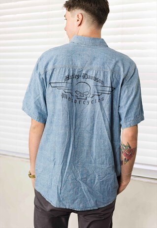 VINTAGE HARLEY-DAVIDSON DENIM SHIRT LOGO 90S XL 11.4