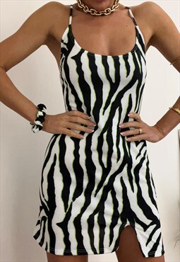 Split Hem Cami Mini Dress in Mono & Lime Zebra