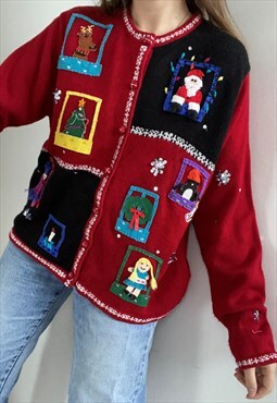 Vintage 90s Christmas Xmas embellished knit jumper