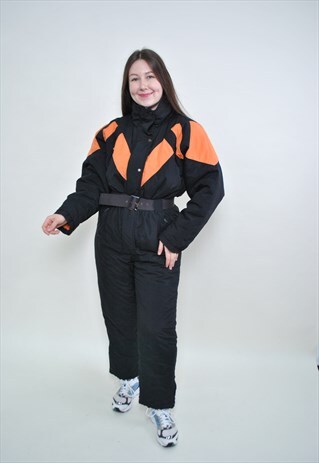 One piece ski suit, black snowsuit MEDIUM size vintage color