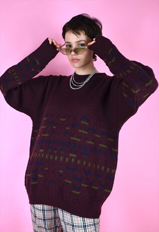 VINTAGE 90S KNIT JUMPER GRAPHIC PATTERN RED BLUE GREEN