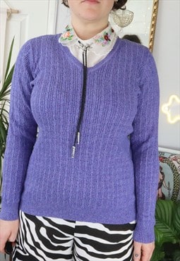 Vintage 80s Purple Cable Aran Fisherman Knit Jumper Sweater