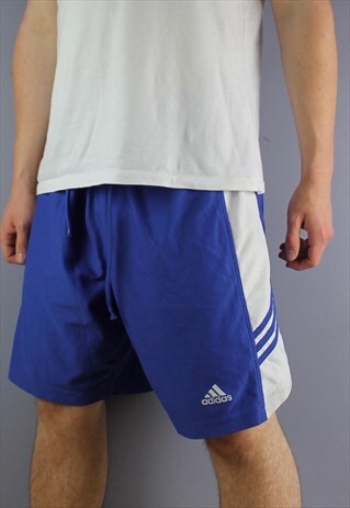 VINTAGE ADIDAS SHORTS IN BLUE WITH EMBROIDERED LOGOS AND DRA