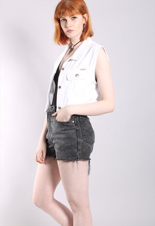 VINTAGE 90S WHITE DENIM CROPPED GILET JACKET