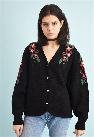 80'S RETRO FLORAL EMBROIDERED MOMS KNIT CARDI
