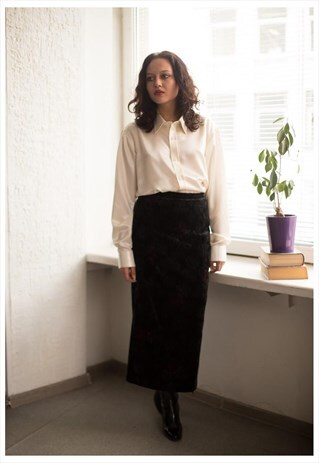 VINTAGE 80'S BLACK FLOWER PATTERNED VELVET MAXI SKIRT