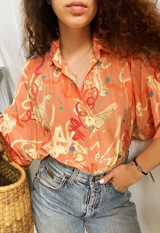 VINTAGE 80S ABSTRACT PRINT PEACHY BOHEME BLOUSE TOP