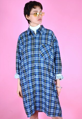 VINTAGE 90S FLANELL SHIRT CHECK LONG KURT COBAIN BLUE YELLOW