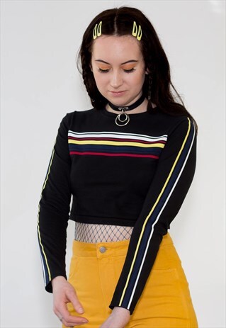 BIG STRIPEY LIE BLACK LONG SLEEVE CROP TOP