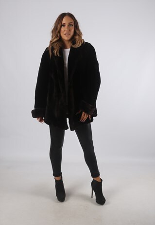 VINTAGE FAUX FUR COAT PREMIUM SHORT MID UK L 14 (B93G)