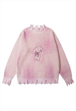 Fluffy tie-dye jumper rip fleece top rainbow pullover pink