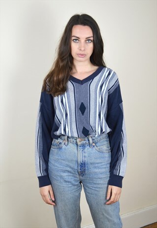 90S VINTAGE FARAH BLUE & WHITE KNIT JUMPER