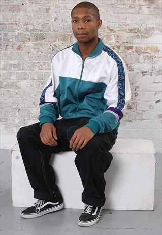VINTAGE ASICS TAPE LOGO TRACK JACKET WHITE AND BLUE
