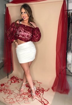 Sequin Wine Off The Shoulder Cropped Top
