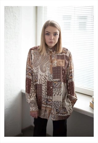 VINTAGE 80'S BROWN PATTERNED BLOUSE