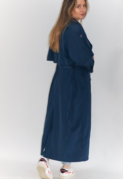 Vintage Draped Shiny Navy Blue Belted Trench Coat