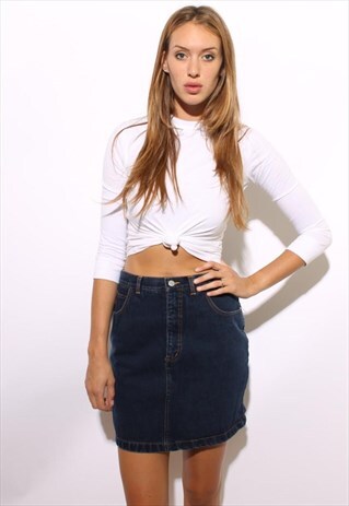 VINTAGE 1980'S 80'S DARK WASH BLUE DENIM JEAN MINI SKIRT M-L