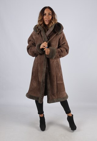 VINTAGE SHEEPSKIN SUEDE SHEARLING COAT LONG HOODED (J2E)