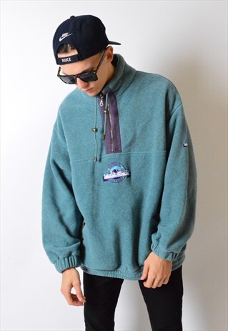 VINTAGE 90S MINT BLUE 1/3 ZIP EMBROIDERED FLEECE JUMPER