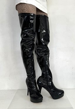 Vintage Y2K platform stripper stiletto boots in shiny black