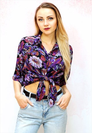 1980S VINTAGE PURPLE FLORAL SILKY BLOUSE