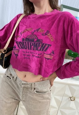Vintage 80s Slogan velvet sweatshirt jumper cropped top pink