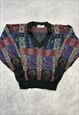 VINTAGE KNITTED JUMPER ABSTRACT PATTERNED V-NECK SWEATER