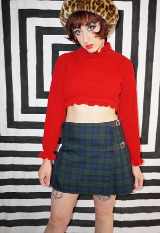 VINTAGE 90S BLUE AND GREEN TARTAN MINI SKIRT / KILT