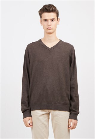 VINTAGE BROWN TOMMY HILFIGER V-NECK COTTON JUMPER SWEATER