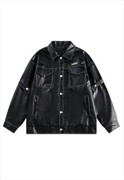 Button up biker jacket faux leather bomber big pocket coat