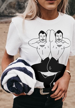 'MERMAN & MERMAN' HAND PRINTED T-SHIRT IN WHITE