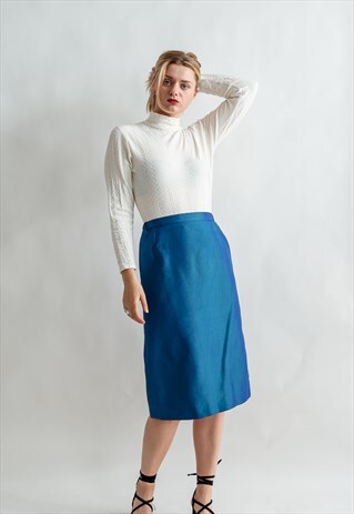 VINTAGE 80S PENCIL SKIRT IN METALLIC BLUE