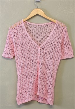 Vintage Y2K Crochet Top Pink Button Up Short Sleeve 