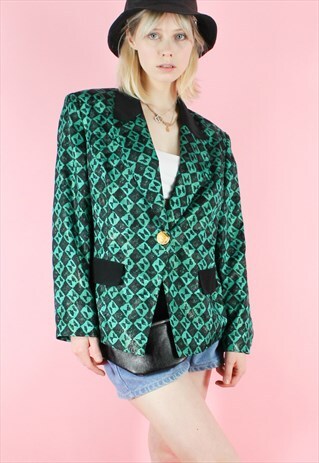 VINTAGE 90S BLAZER Y2K ABSTRACT PATTERN GREEN SHINY