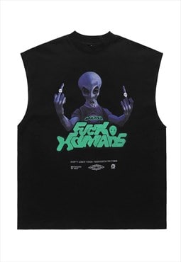 Alien print sleeveless t-shirt UFO tank top surfer vest 