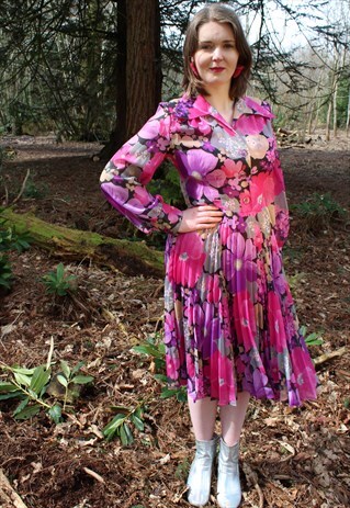 VINTAGE 50'S PINK & PURPLE FLORAL PLEATED MIDI SUMMER DRESS