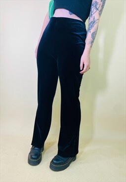 Vintage Black High Waisted Flared Slit Velvet Trousers