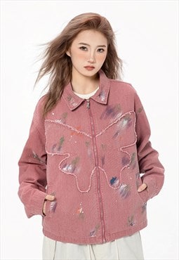 Patchwork denim jacket butterfly varsity painted jean bomber