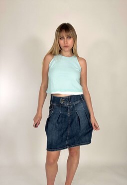 Vintage 2000s Pleated Low Rise Denim Skirt 