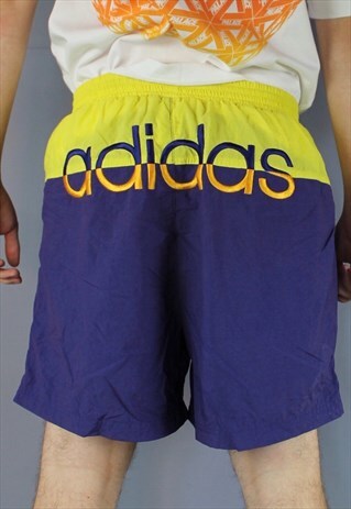 VINTAGE ADIDAS SHORTS IN PURPLE AND YELLOW WITH POCKETS, EMB