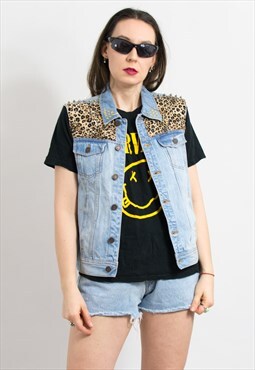 Reworked denim vest leopard inserts studded sleeveless