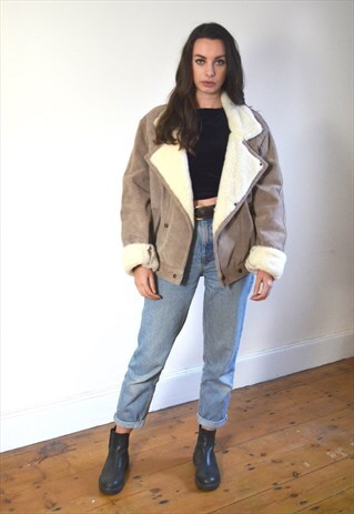 80S VINTAGE LIGHT BROWN SUEDE LEATHER SHEEPSKIN LINED COAT
