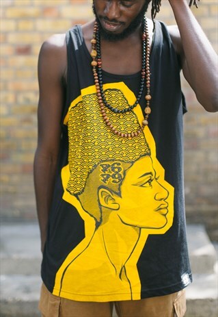 SLEEVELESS VEST TOP BLACK YELLOW JUMBO PRINT QUEEN NEFERTITI