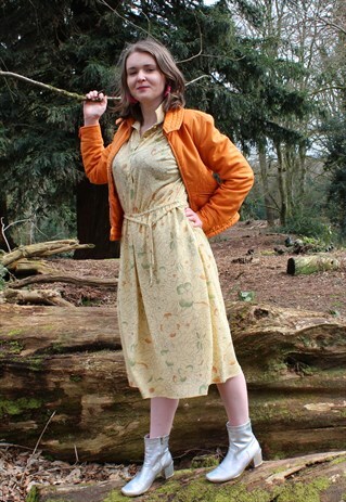 VINTAGE 80'S YELLOW GREEN ORANGE FLORAL SHIRT MIDI DRESS