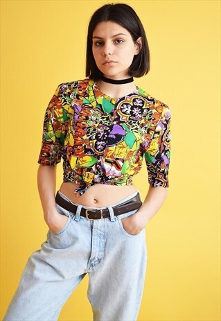 VINTAGE 80'S RETRO ABSTRACT FLORAL ARTISTIC PATTERN SHIRT