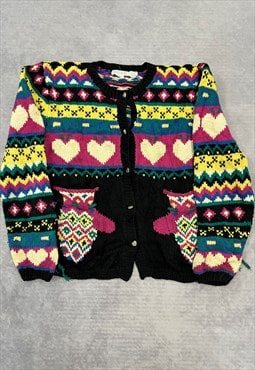 Vintage Knitted Cardigan Cute Heart and Glove Patterned Knit