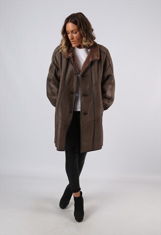 SHEEPSKIN LEATHER SHEARLING COAT UK 18 (B92M)