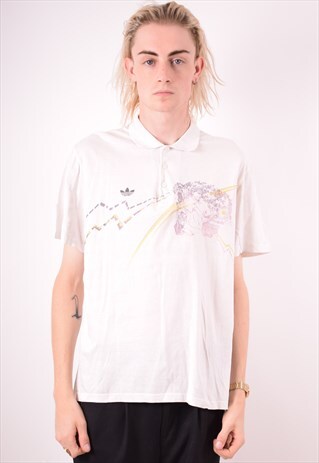ADIDAS MENS VINTAGE POLO SHIRT LARGE WHITE 90S